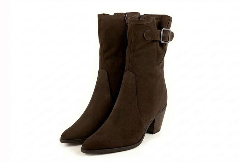 Women's dark brown inside-zip ankle boots with almond toe and mid cone heel - Front view